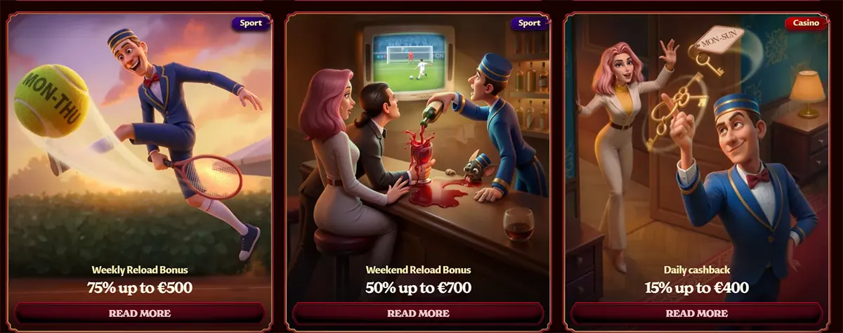 Casino promotion banners featuring weekly reload bonus, weekend reload bonus, and daily cashback offer