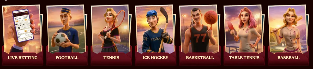 Casino sports betting categories including live betting, football, tennis, ice hockey, basketball, table tennis, and baseball