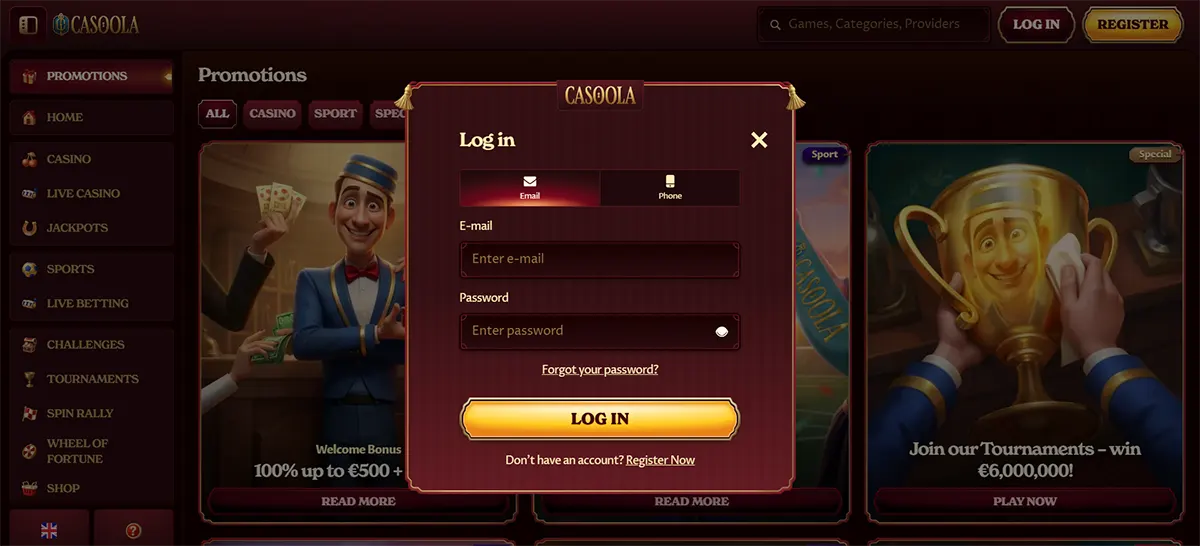 Casino login popup with email and password sign-in form interface